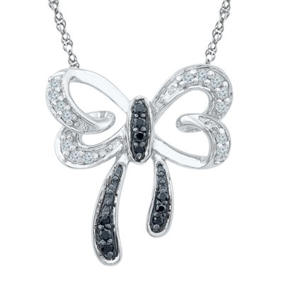 Womens 1/10 CT. T.W. Natural Black Diamond Sterling Silver Bow 18 Inch Pendant Necklace