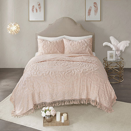 Madison Park Virginia Tufted Cotton Chenille Medallion Fringe Coverlet Set, One Size, Pink