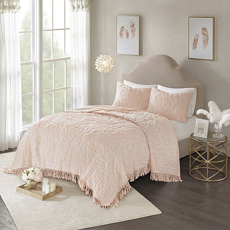 Madison Park Virginia Tufted Cotton Chenille Medallion Fringe Coverlet Set, One Size, Pink