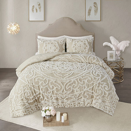 Madison Park Virginia 3pc Tufted Cotton Chenille Medallion Comforter Set, One Size, Beige