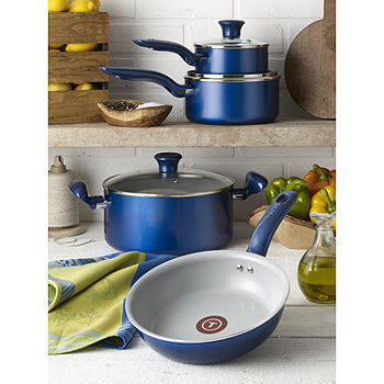 T-fal Cook & Strain Non-Stick 14-Piece Cookware Set, Recycled Aluminum Body,  Blue 