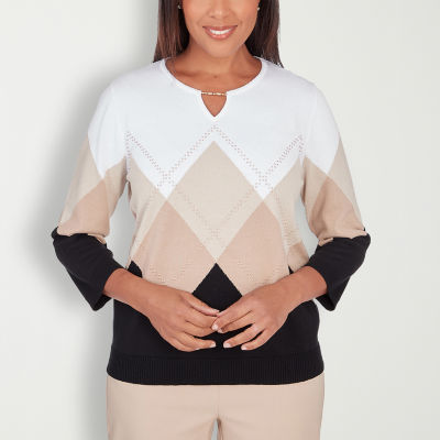 Alfred Dunner Neutral Territory Womens Keyhole Neck 3/4 Sleeve Geometric Pullover Sweater