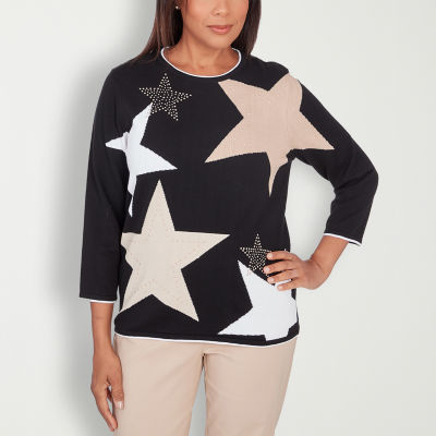 Alfred Dunner Neutral Territory Womens Crew Neck 3/4 Sleeve Star Pullover Sweater