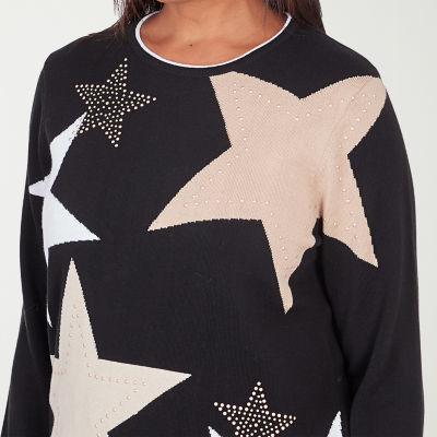 Alfred Dunner Neutral Territory Womens Crew Neck 3/4 Sleeve Star Pullover Sweater