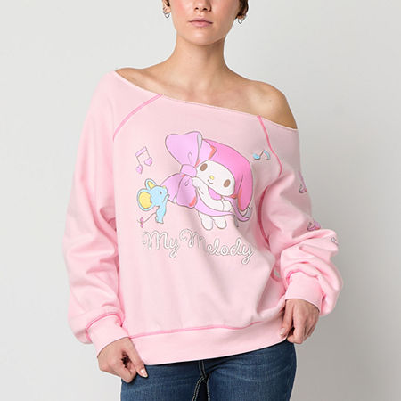 Juniors Off The Shoulder Womens Straight Neck Long Sleeve Hello Kitty My Melody Sweatshirt, Large, Pink