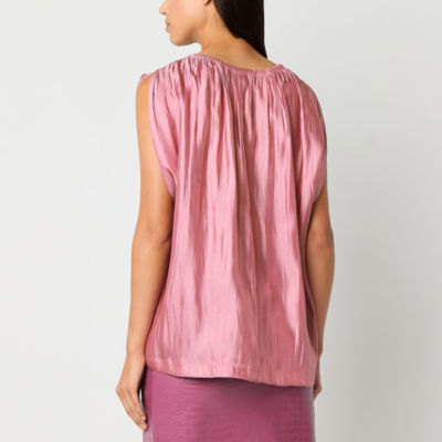 Worthington Womens Split Tie Neck Short Sleeve Blouse