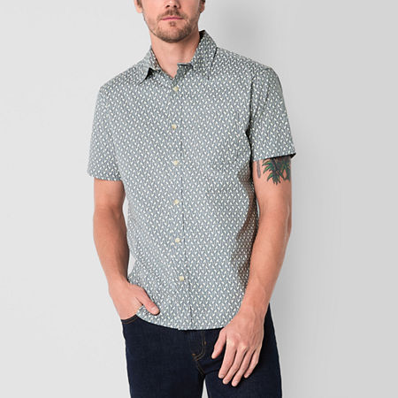 mutual weave Mens Easy-on + Easy-off Regular Fit Short Sleeve Floral Button-Down Shirt, Medium, Blue