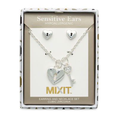 Mixit Hypoallergenic Silver Tone Pendant Necklace & Stud Earrings 2pc
