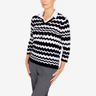 Alfred Dunner Checking In Womens V Neck 3/4 Sleeve Chevron Pullover Sweater,  Color: Black - JCPenney