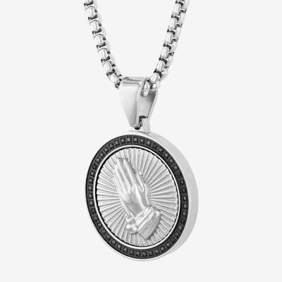 Mens 1/4 CT. T.W. Natural Diamond Stainless Steel Circle Prayer Hands Pendant Necklace