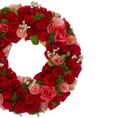 Northlight 12in Red And Pink Wooden Rose With White Berries Artificial Wreath