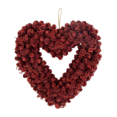 Northlight 14in Red Pine Cone Rose Valentine'S Day Wooden Heart Wreath