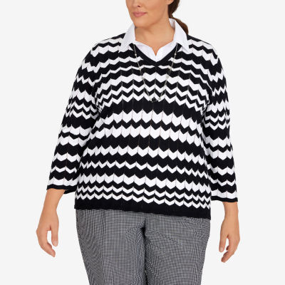 Alfred Dunner Plus Checking In Womens 3/4 Sleeve Chevron Pullover Sweater,  Color: Black - JCPenney