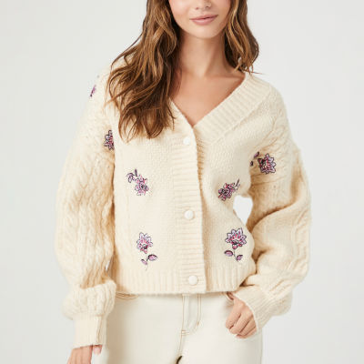 Forever 21 Women's Cropped Pointelle Knit Sweater Pale