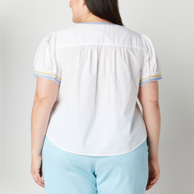 St. John's Bay Plus Womens Split Crew Neck Short Sleeve Embroidered Blouse