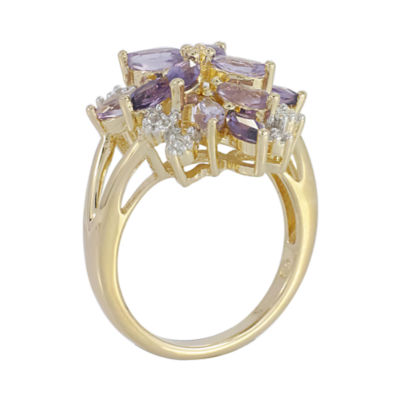 14K Gold over Silver Genuine Amethyst, Genuine Pink Quartz & Lab-Created White Sapphire Flower Ring