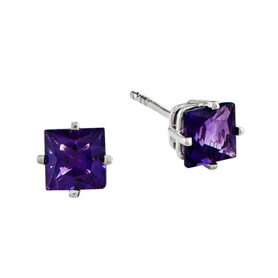 Genuine Amethyst 14k White Gold Princess-Cut Earrings 