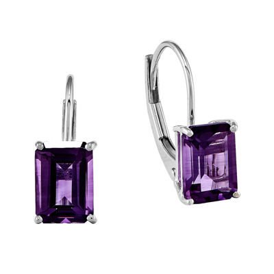 Emerald-Cut Genuine Amethyst 14K White Gold Leverback Earrings