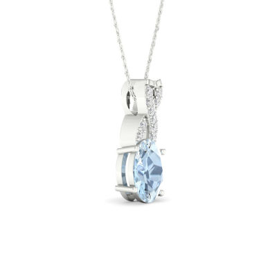 Womens Diamond Accent Genuine Blue Aquamarine 10K Gold Oval Pendant Necklace