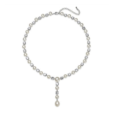 Silver Over Brass Cultured Freshwater Pearl and Cubic Zirconia Bridal Pendant Necklace, Color