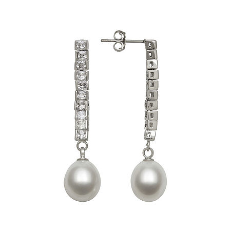 Silver Over Brass Cultured Freshwater Pearl and Cubic Zirconia Bridal Earrings, One Size, White