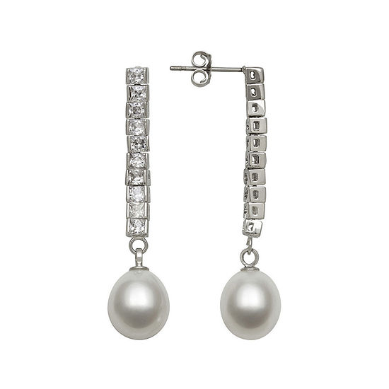 Silver Over Brass Cultured Freshwater Pearl and Cubic Zirconia Bridal Earrings