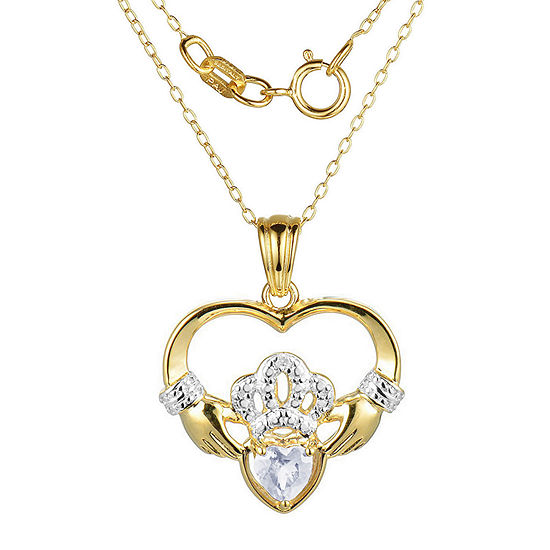 Heart-Shaped Genuine White Topaz and Diamond-Accent Claddagh Pendant Necklace