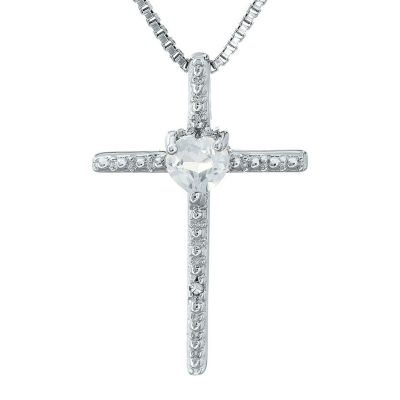 Genuine White Topaz and Diamond-Accent Sterling Silver Cross and Heart Pendant Necklace