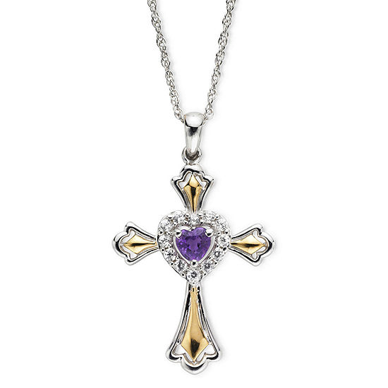 Amethyst & Lab-Created White Sapphire Two-Tone Cross Pendant Necklace
