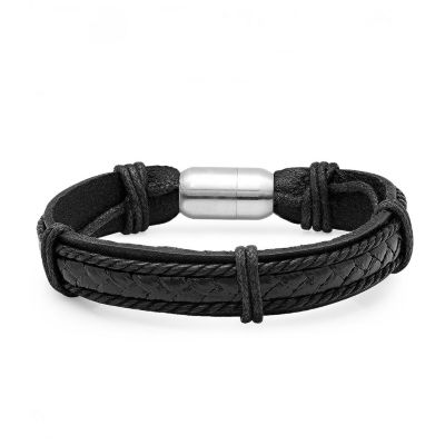 Steeltime Black Braided Leather Mens Stainless Steel Solid Hypoallergenic 8 1/2 Inch Link Bracelet