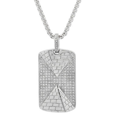 Steeltime Mens White Cubic Zirconia Stainless Steel Dog Tag Pendant Necklace