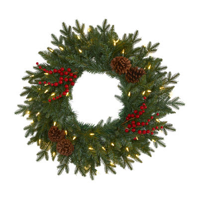 Nearly Natural 24in. Green Pine Artificial Christmas Wreath With 50 Warm White Led Lights; Berries And Pine Cones Indoor Pre-Lit Christmas Wreath