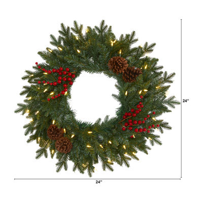 Nearly Natural 24in. Green Pine Artificial Christmas Wreath With 50 Warm White Led Lights; Berries And Pine Cones Indoor Pre-Lit Christmas Wreath