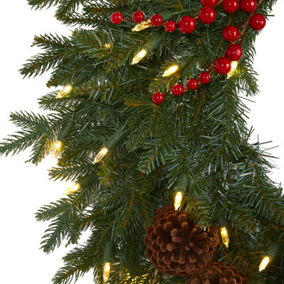 Nearly Natural 24in. Green Pine Artificial Christmas Wreath With 50 Warm White Led Lights; Berries And Pine Cones Indoor Pre-Lit Christmas Wreath