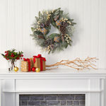 Nearly Natural 24in. Snow Tipped Holiday Artificial Wreath With Berries; Pine Cones And Ornaments Indoor Christmas Wreath
