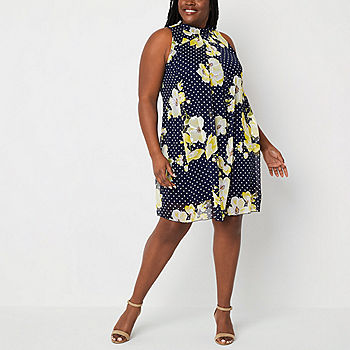 halvt Sodavand mave Robbie Bee Plus Sleeveless Floral Puff Print Swing Dresses, Color: Navy  Yellow - JCPenney
