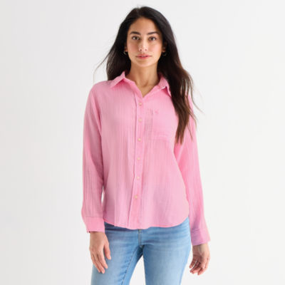 St. John's Bay Womens Long Sleeve Relaxed Fit Button-Down Shirt