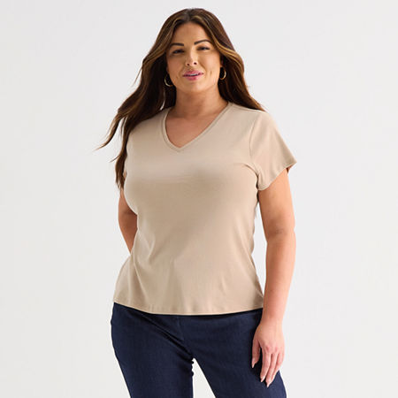 Liz Claiborne Womens Plus V Neck Short Sleeve T-Shirt, 5x, Beige