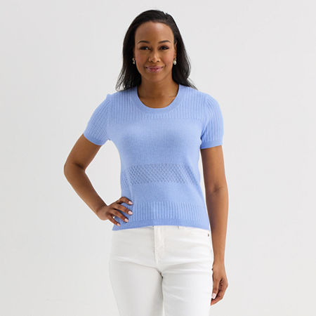 Liz Claiborne Womens Crew Neck Short Sleeve Pullover Sweater, Large, Blue