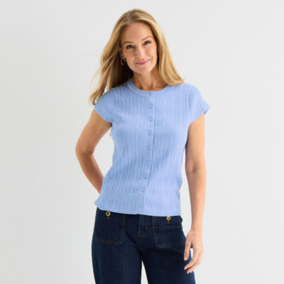 Liz Claiborne Womens Crew Neck Short Sleeve Button Cardigan
