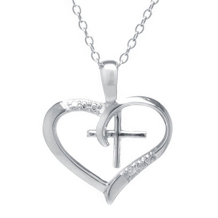 Silver Treasures Cubic Zirconia Sterling Silver Cross Heart Pendant Necklace, One Size