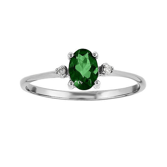 Genuine Emerald Diamond-Accent 14K White Gold Ring