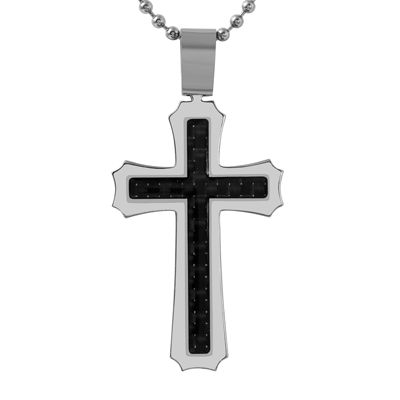 Mens Carbon Fiber Stainless Steel Cross Pendant