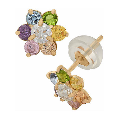 Multi Color Cubic Zirconia 14K Gold 7.5mm Flower Stud Earrings, One Size