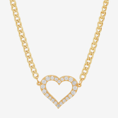 Womens White Cubic Zirconia 10K Gold Heart Pendant Necklace