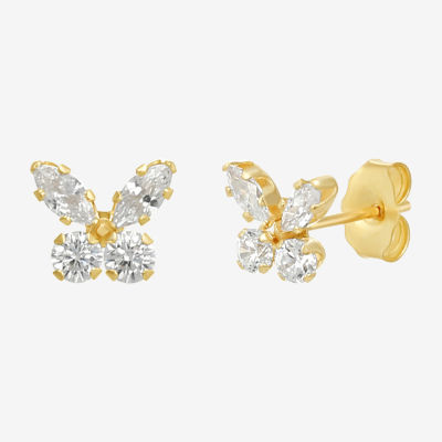 White Cubic Zirconia 10K Gold 6mm Butterfly Stud Earrings