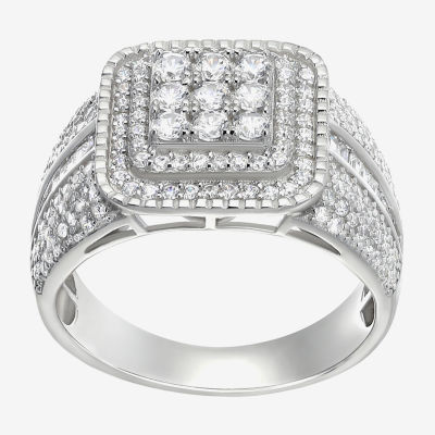 Mens White Cubic Zirconia Sterling Silver Square Fashion Ring