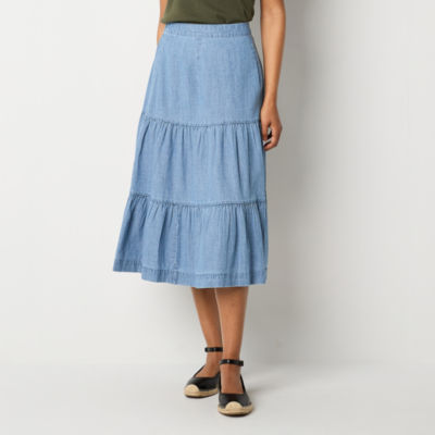 St. John's Bay Womens Mid Rise Midi ALine Skirt, Color Medium Wash