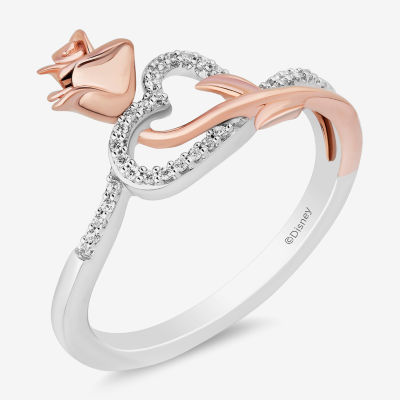 Enchanted Disney Fine Jewelry Womens 1/10 CT. T.W. Natural White Diamond 14K Rose Gold Over Silver Sterling Silver Flower Heart Beauty and the Beast Belle Princess Cocktail Ring