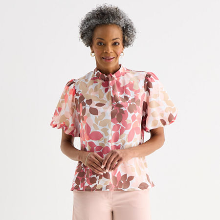 Liz Claiborne Womens Mock Neck Short Sleeve Blouse, Medium, White